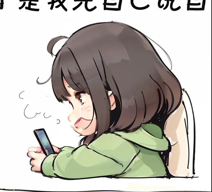 Caricature of a woman sitting at a table holding a mobile phone, komono, あかさたなは on twitter, 🚿🗝📝, chihiro! fujisaki, Japanese animation style, Kantai collection style, Middle metaverse, chiho, 🪔 🎨;🌞🌄