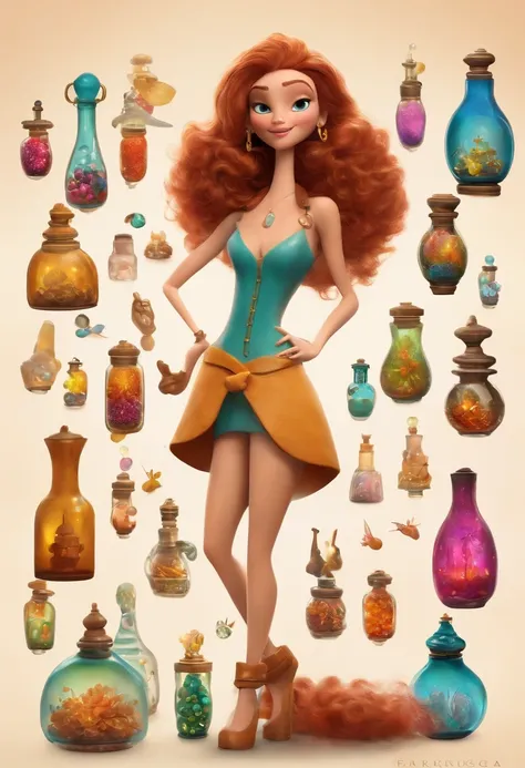 A collector of ideas inspired by Pixar animation, de perto. She is surrounded by a collection of magic vials, each containing a unique idea. The focus is on the character, with a captivating facial expression, Against a backdrop of shimmering, cores eferve...