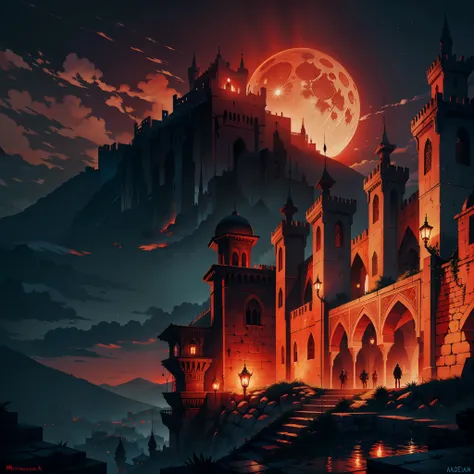 Super Detailed Hyper Realistic Castlevania Moroccan Environment with Shining Red Moon