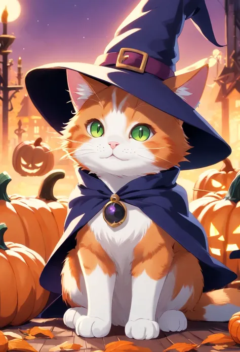 Ginger cat in a witchs hat, It has white front paws, There are also green and brown eyes, pumpkins, Halloween, the bats