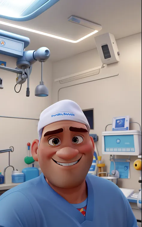 Disney pixar 3D poster, de um homem branco, sobrancelhas suaves, careca, operating theatre den, Serious smile.