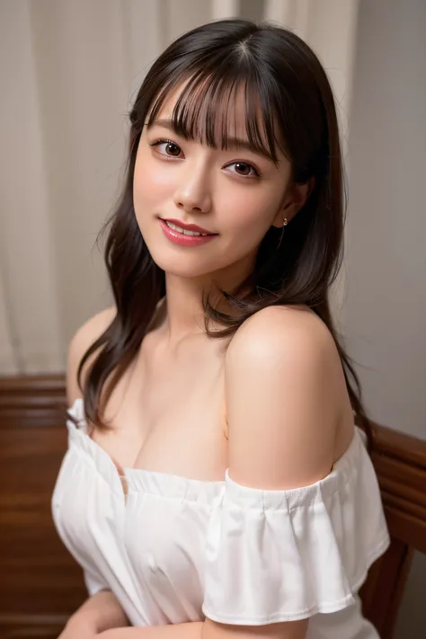 best quality, photorealistic, 8k, high res, 1girl, woman, (professional lighting), (portrait:0.6), (off shoulder dress:1.72), gorgeous, black hair, (short hair:1.2), (1girl eyes looking at viewer:1.4), ((looking at viewer:1.6)), (looking at the camera), ph...