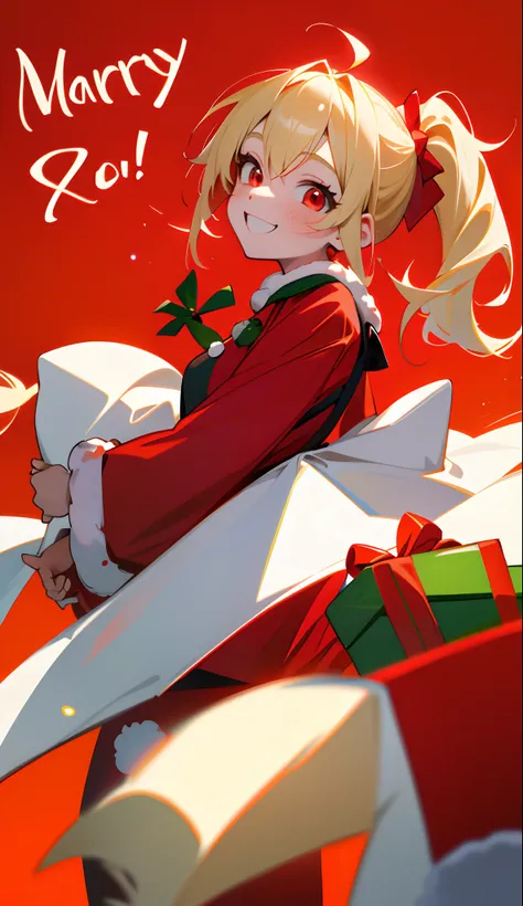 1girl in、a blond、Pony tail、Red Eyes、a smile、Laugh、Christmas、Dressed in Santa Claus costume、Colors based on red and green