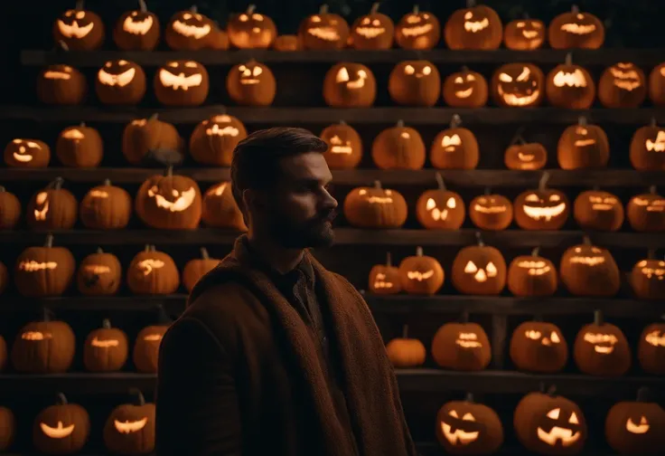 a wall of stones, Halloween pumpkins lined up, two human heads between the pumpkins, candlelight, a funny photo