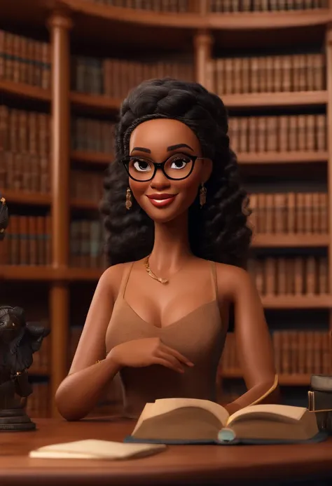 Pixar style image with 3D character, a light black woman with glasses and a dress outfit, she is a lawyer and is well dressed in the background, a law office with bookshelf and books with depth, bem bonito faca os ajustes que julgar necessario para melhor ...