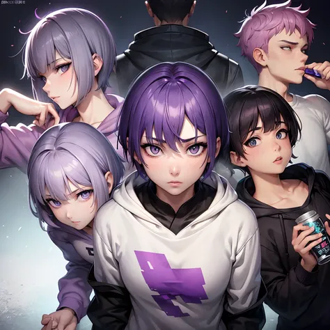 1 Purple Short-Haired Men，grey pupils，Look down，Ultra Clear HD Half Body，Rich in detail，masutepiece。Asia Youth、Shirts and hoodies、Two-block hair