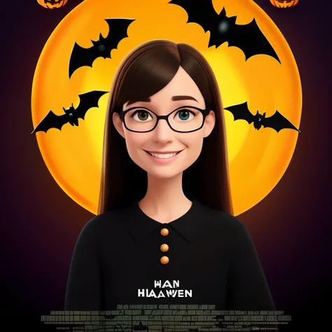 Disney/Pixar style 3D poster capturing a 36-year-old woman with light brown skin, wearing glasses, black hair with bangs, thin face, she wears black clothes and has a closed smile in a Halloween environment with spiders, bats and witches