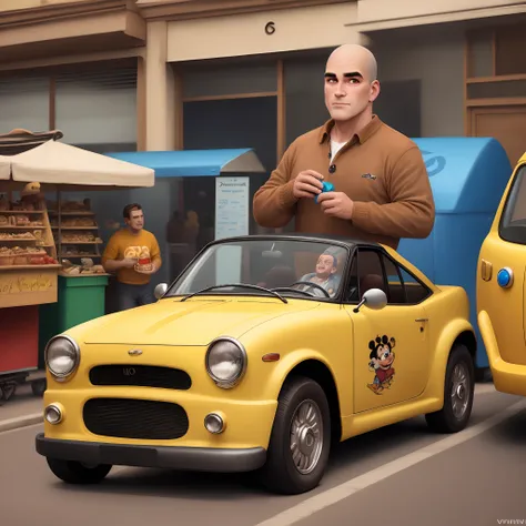 Homen careca 30 anos olhos castanhos estilo Disney Pixar vendedor automotivo