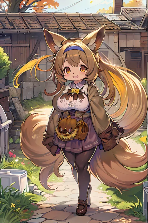 of the highest quality, 1girl in, (Skin Hollow), (large full breasts), (day), Bright, Background blur, Outdoors, (Street:0.6), (hair:1.5), (Blouse:1.5), Gorgeous, (Hair float:1.5), Soft light, Wind, garden, Street,Fox, (Monster Girl), long brown ears with ...