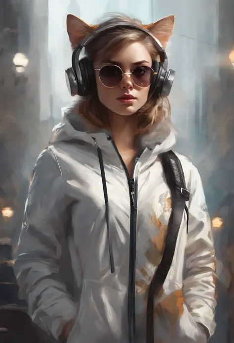 Perfect centering, a cute little cat, stand posture，Wear a student jacket, Wearing sunglasses, Wearing headphones, Standing position, Abstract beauty, Centered, Looking at the camera, Facing the camera, nearing perfection, Dynamic, Moonlight, Highly detail...