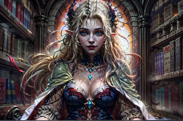 a picture of vampire elf in her castle, an exquisite beautiful female vampire elf in her library,  full body (ultra detailed, Masterpiece, best quality), ultra detailed face (ultra detailed, Masterpiece, best quality), (orange skin: 1.3) , blond hair, hair...