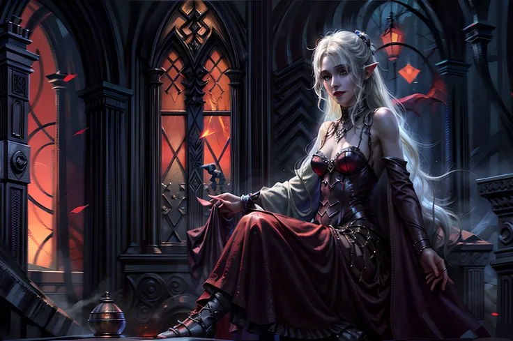 a picture of vampire elf in her castle, an exquisite beautiful female vampire elf in her library,  full body (ultra detailed, Masterpiece, best quality), ultra detailed face (ultra detailed, Masterpiece, best quality), (orange skin: 1.3) , blond hair, hair...