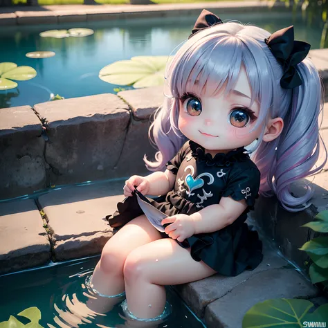 ​masterpiece、top-quality、ultra-detailliert、(Chibi Charas Daughter:1.2)、((Swimmit), Gothic lolita:1.3)(Red Heart motif on black fabric:1.3)
(frills skirt)、(The background is the blue pond of Biei Town:1.2)、ヨガ🧘🏻‍♀️ポーズ、full body Esbian、A smile