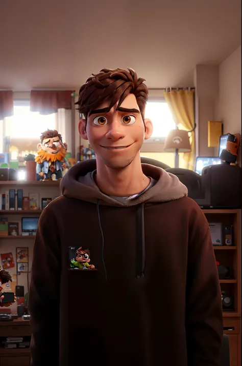 The character has brown hair and dark brown eyes, his hair is straight and combed to one side. In one hand, he holds an energy monster and in the other, his iPhone 13. In the background, the character is in his room, with a black and red gamers chair and t...