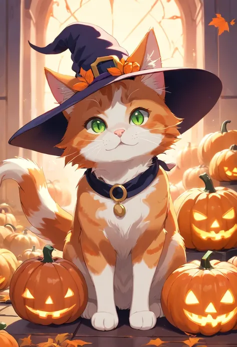 Ginger cat in a witchs hat, It has white front paws, There are also green and brown eyes, pumpkins, Halloween, the bats