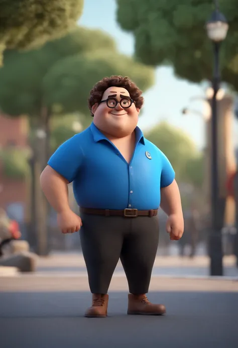 Cartoon character of a chubby man with curly hair with black glasses and a blue shirt, animation character, Caractere estilizado, animation style rendering, 3D estilizado, Arnold Maya render, 3 d render stylized, toon render keyshot, Personagem 3D, Persona...