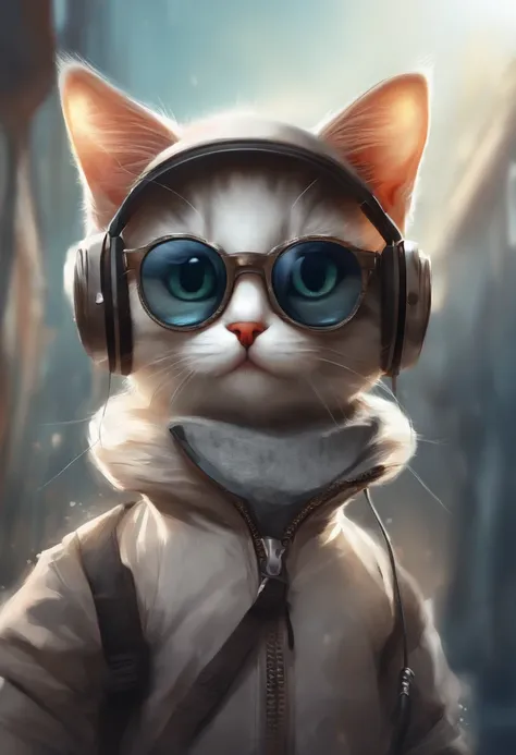 Perfect centering, a cute little cat, stand posture，Wear a student jacket, Wearing sunglasses, Wearing headphones, Standing position, Abstract beauty, Centered, Looking at the camera, Facing the camera, nearing perfection, Dynamic, Moonlight, Highly detail...