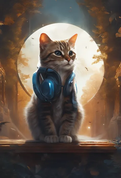 Perfect centering, a cute little cat, stand posture，Wear a student jacket, Wearing sunglasses, Wearing headphones, Standing position, Abstract beauty, Centered, Looking at the camera, Facing the camera, nearing perfection, Dynamic, Moonlight, Highly detail...