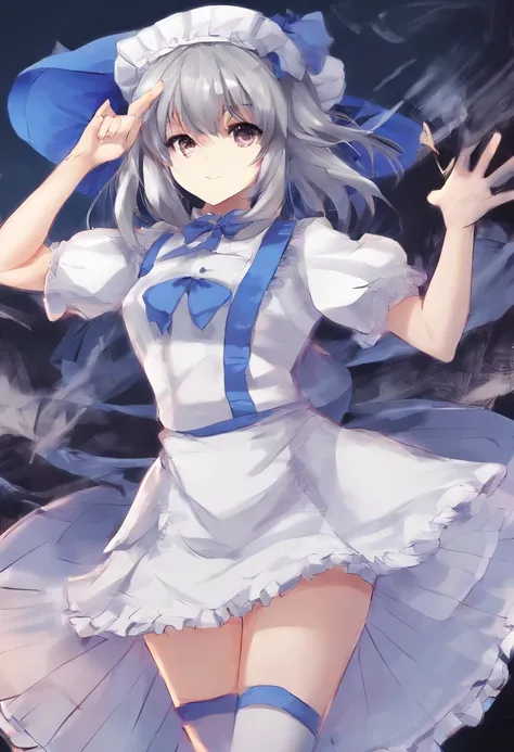 ((16 nights in Saguia)), ((touhou project)), cosplay, 20-year-old woman, (((Gray hair)), ((Moderately spiked hair)), ((blue maid outfit)), ((White blouse)), middlebreast, (Light)))), (Pose))), (Photorealistic photo: 1.3), rim lit, (High detail skin:1.2), 8...