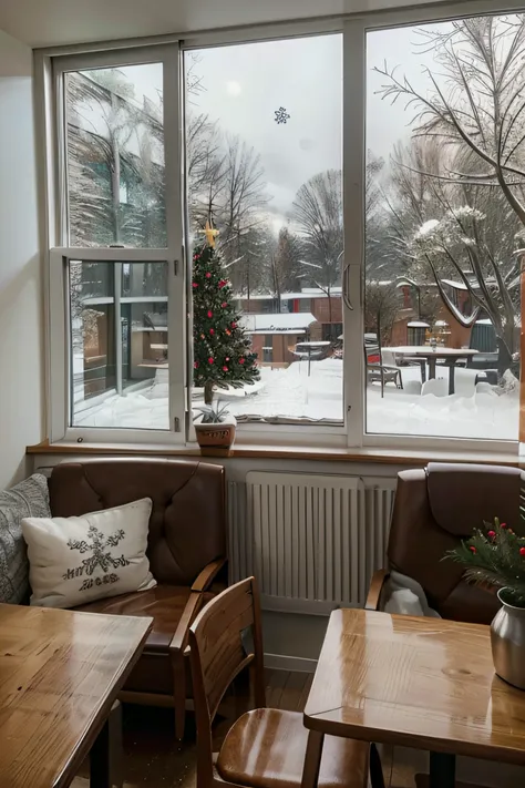 Spacious café interior, Christmas Landscape, Snowy scenery outside the window, bakery, coffee, Christmas Tree, Christmas gift box, Snowy landscape, fireplace