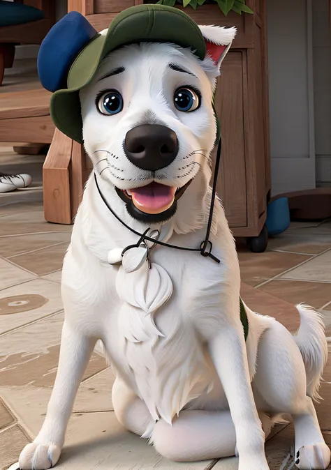 White dog sitting with hat