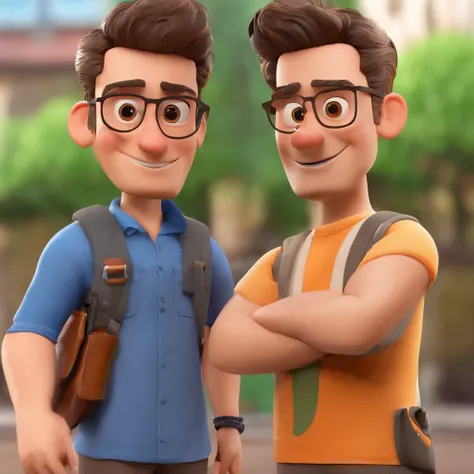 Criar um personagem no estilo Pixar. Trata-se de um homem de 30 anos, com barba, Branco, com cabelos castanhos curtos e um quiff, e olhos castanhos. Ele deve estar na frente de um computador, Trabalhar como designer