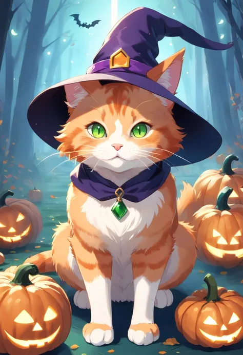 Ginger cat in a witchs hat, It has white front paws, There are also green and brown eyes, pumpkins, Halloween, the bats