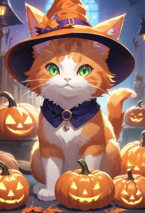 Ginger cat in a witchs hat, It has white front paws, There are also green and brown eyes, pumpkins, Halloween, the bats