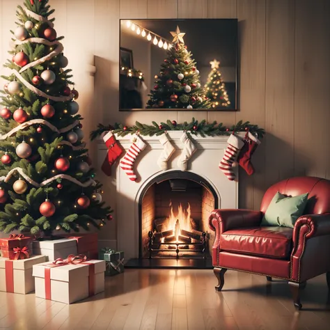 Front view full Christmas tree, armchair and fireplace, real photo, ultra-realistic rendering, realistic rendering, in 8K, --auto --v6 --s2