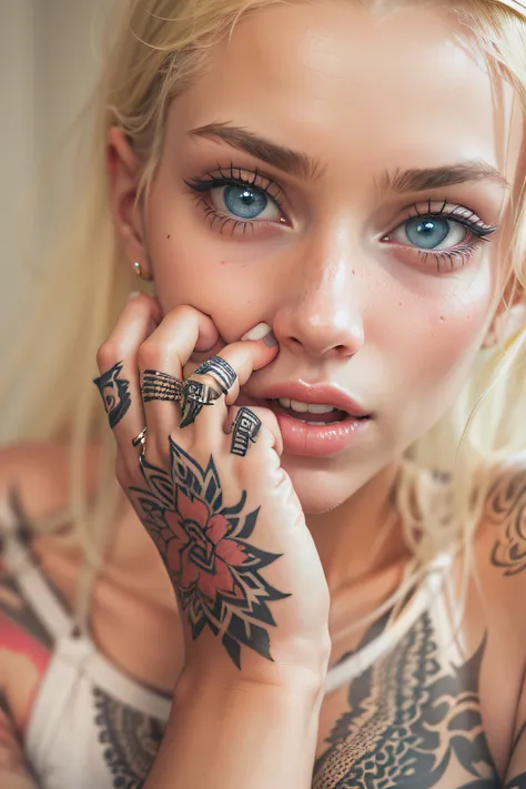 Blonde with tattoo on her arms