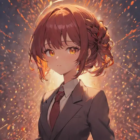 An adult woman wearing a neat suit, maroon hair in one braid with bangs, orange eyes