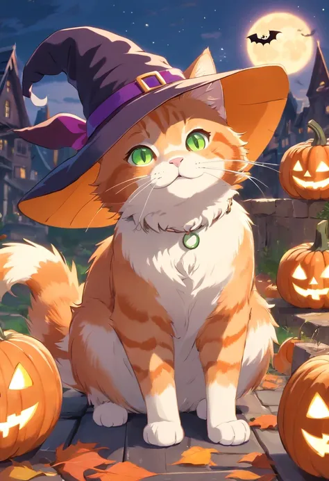 Ginger cat in a witchs hat, It has white front paws, There are also green and brown eyes, pumpkins, Halloween, the bats