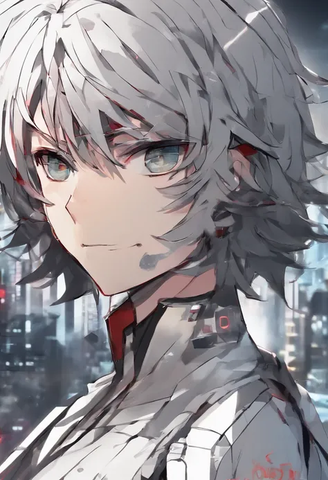 Short and messy boy band member with gray hair, Red eyes, close up photograph, Photorealistic, Wear a tank top and jogging bottoms, solidcolor, Futuristic city, Dynamic camera angle, Full body beauty anime style, clean detailed faces, intricate clothes, an...