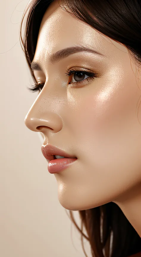 masutepiece,,award - winning photo, Extremely detailed, edgOrgasm,Face Focus Face、35 year old、A dark-haired、Glossy skin、Close-up of face,(Super close-up of nose,Face shot),low angles:1.5,(Realistic nostrils)、Lens Distortion Removal、Reproduction of pores、pr...