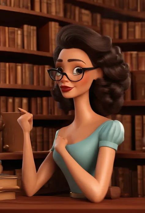 Pixar style image with 3D character glasses a brunette woman with glasses and a dress outfit she is a lawyer and is well dressed in the background a law office with bookshelf and books with depth, bem bonito faca os ajustes que julgar necessario para melho...