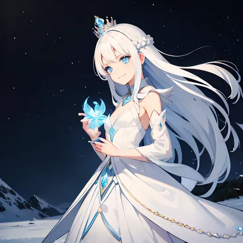 Ice fairy, girl, with white hair middle parted,  no bangs or fringe. Straight hair. Wearing a long dress and gown. Smiling and magic from her hand. Handing on snowy mountain. Wearing a crown