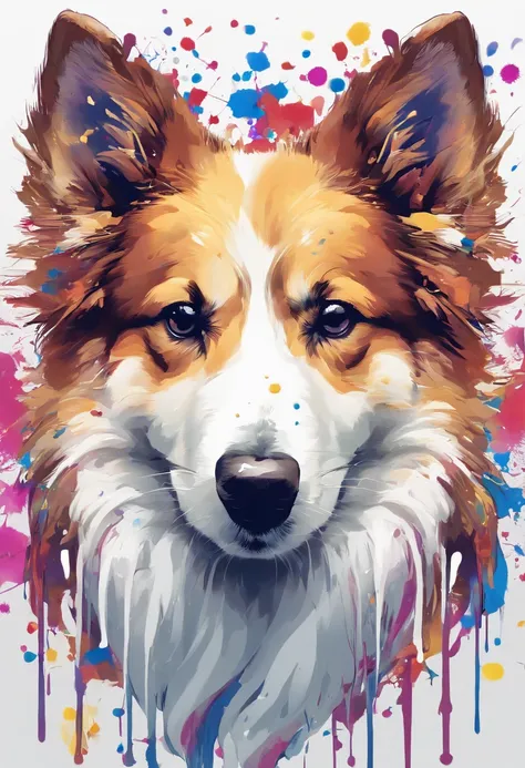 Splash Art, Shetland Shetland Shepherd Dog, ((White background)), piercing eyes, Epic Instagram, art  stations, splash style of color paint, contours, hyper detailed intricately detailed , illusory engine, Fantastical, intricately details, Splash screen, C...