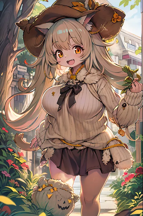 of the highest quality, 1girl in, (Skin Hollow), (large full breasts), (day), Bright, Background blur, Outdoors, (Street:0.6), (hair:1.5), (Blouse:1.5), Gorgeous, (Hair float:1.5), Soft light, Wind, garden, Street,Fox, (Monster Girl), long brown ears with ...