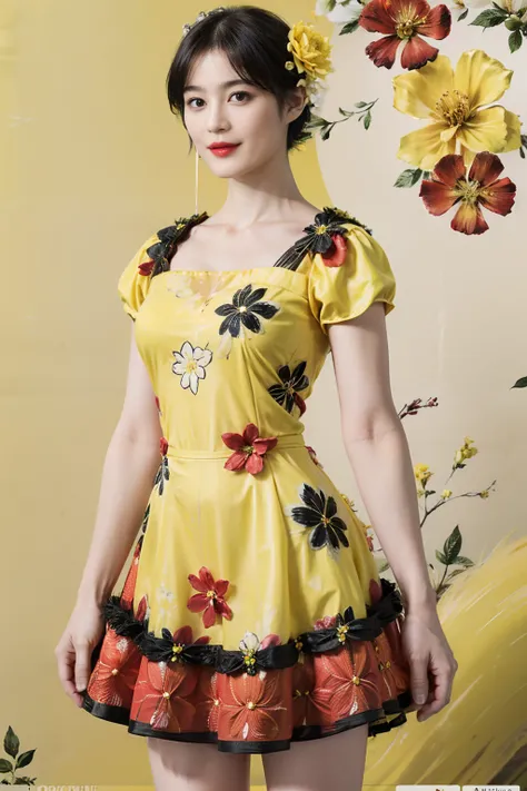 79
(20-year-old princess,is standing), (A hyper-realistic), (masutepiece), ((short-hair:1.46)), (Smooth black hair), (Breast:1.0), (kindly smile:0.9), (Yellow and red floral dress:1.46), Majestic Palace, Orange Lipstick