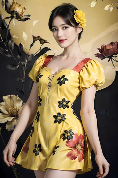 79
(20-year-old princess,is standing), (A hyper-realistic), (masutepiece), ((short-hair:1.46)), (Smooth black hair), (Breast:1.0), (kindly smile:0.9), (Yellow and red floral dress:1.46), Majestic Palace, Orange Lipstick