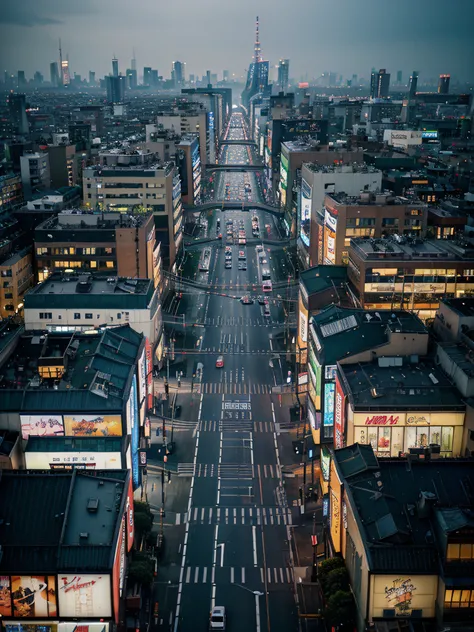 ((masterpiece)),((best quality)),((high detial)),((anime art,)) aerial view, metropolitan city, junction with buildings, architectural streets, neon light, night, pedestrian, rainy days, steampunk, japanese shibuya,