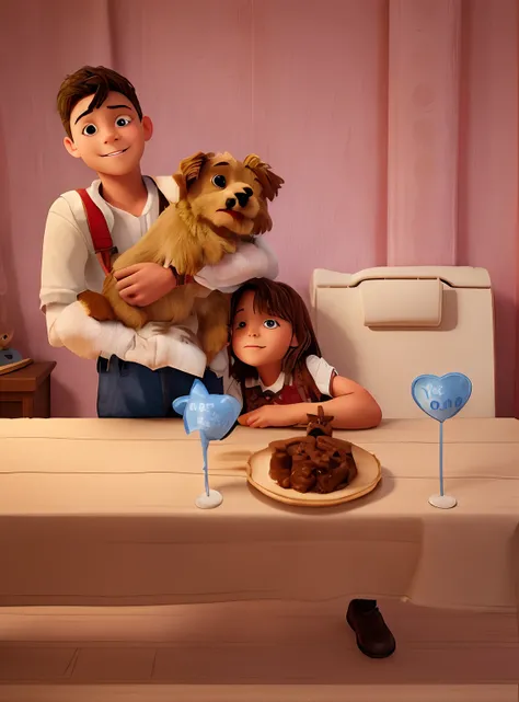 I want a drawing of a 12-year-old boy and a 4-year-old girl celebrating their dog Teddys birthday