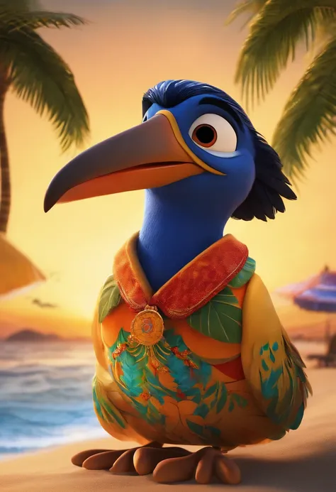 Make an icon, Make an Ankara Bird, Pássa Anumará is black, Hes enjoying the sunset on the beach, Hes at a beach party, como Disney Cartoon, Hes got a caipirinha in his hand, Pixar, ..3d, Disney,