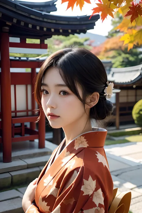 Maple leaves fall on the head of a Japanese girl dressed in a gorgeous kimono and looking at the temple in the distance with a sad expression