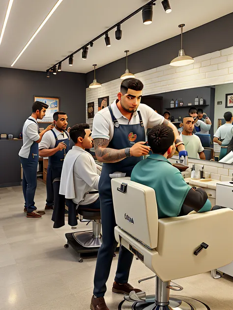 A barbershop with 3 barbers cutting their hair, the barber in front is dark and has a shaved head, The middle barber is a woman. Todos barbeiros usam camisa branca e avental preto. Estilo poster da pixar