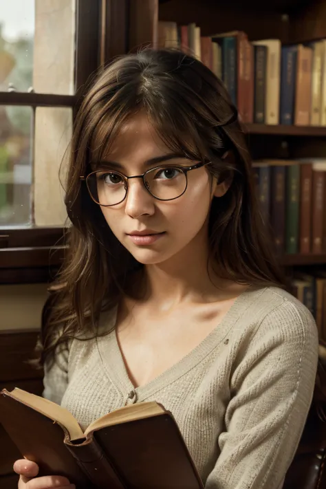 girl,library,glasses,looking sideway,beautiful detailed eyes,beautiful detailed lips,extremely detailed eyes and face,long eyelashes,reading,bookshelf,focus on book,wooden desks,soft lighting,peaceful atmosphere,serene and calm,pensive expression,wisdom an...