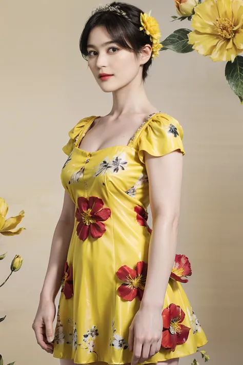 79
(20-year-old princess,is standing), (A hyper-realistic), (masutepiece), ((short-hair:1.46)), (Smooth black hair), (Breast:1.0), (kindly smile:0.9), (Yellow and red floral dress:1.46), Majestic Palace, Orange Lipstick