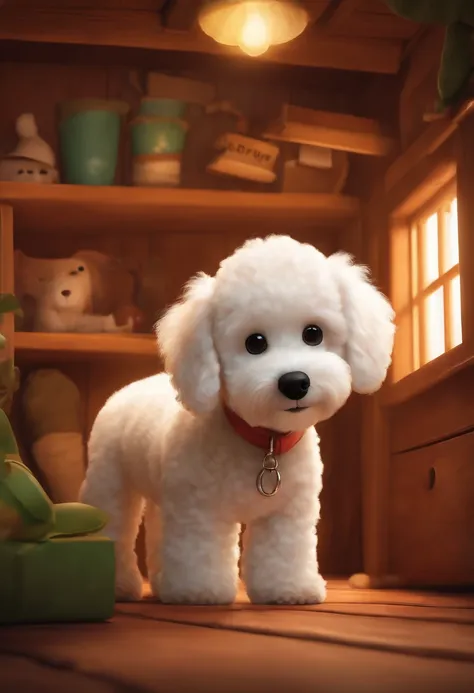 Create posters inspired by Disney Pixar movies, White Poodle puppy, Sad puppy in the cabin. The title of the poster is: "Pippo searches for a lost home" Digital art should be Pixar style, Reminiscent of animated feature films.