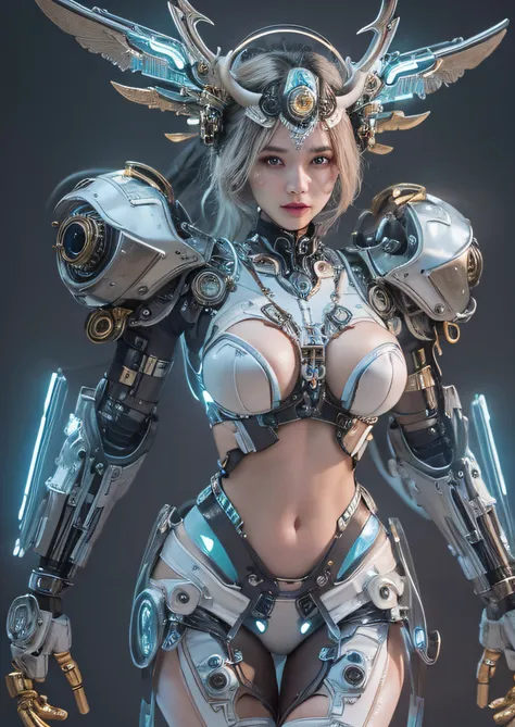 top-quality、tmasterpiece、超A high resolution、(Photorealsitic:1.4)、RAW photo、Steampunk robot angel、Large wing made of metal、White porcelain body、whaite hair、glowy skin、1 Cyborg Girl、((Super realistic details))、porate、globalillumination、black shadows、octan re...