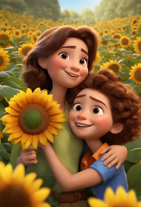 Create a Disney PIXAR-style 3D poster. ((centro da imagem), ((2 children)) ((1 menino de um lado e 1 menina do outro lado, Theyre hugging each other, O menino tem pele clara e cabelos castanhos escuros e olhos castanhos escuros, 1 menina tem pele clara, ol...